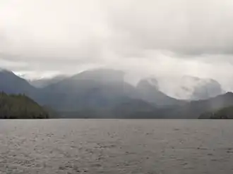 Mist falls into Kumealon Inlet, British Columbia, Canada