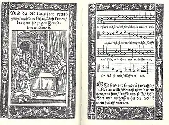 two pages from a historic hymnal from 1548, on the left page an illustration of the Presentation of Jesus at the Temple with a header, on the right page the sheet music of the tune with the text of the first stanza under the notes and also below