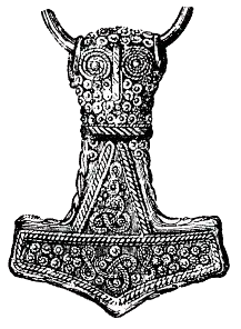Drawing of a 4.6 cm gold-plated silver Mjölnir pendant found at Bredsätra on Öland, Sweden
