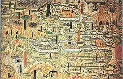 10th century mural from Cave 61, showing Tang Buddhist monasteries of Mount Wutai, Shanxi province
