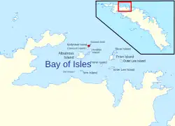 Map highlighting Mollyhawk Island in red, amongst the Bay of Isles