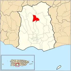 Location of barrio Montes Llanos within the municipality of Ponce shown in red