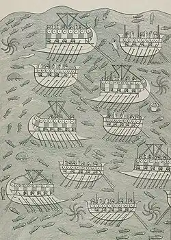 A group of stylized ships propelled by oars, half of them with pointed bows and half with rounded bows in a sea full of fish and other sea creatures