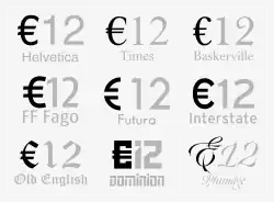 A table displaying nine versions the euro sign as actually implemented in nine different typefaces