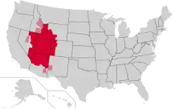 The Mormon corridor, highlighted in red. Striped counties contain major Mormon populations, but are not considered to be a part of the cardinal regions of their states.