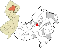 Location of Dover in Morris County highlighted in red (right). Inset map: Location of Morris County in New Jersey highlighted in orange (left).