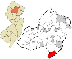 Location of Long Hill Township in Morris County highlighted in red (right). Inset map: Location of Morris County in New Jersey highlighted in orange (left).
