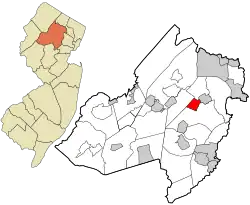 Location of Mountain Lakes in Morris County highlighted in red (right). Inset map: Location of Morris County in New Jersey highlighted in orange (left).
