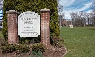 A sign at the front of the Moses Brown School