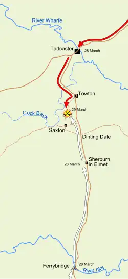 The Yorkist army moved north towards Towton, engaging in the battle of Ferrybridge on 28 March and reaching Sherburn-in-Elmet on the same day. The Lancastrians moved southwards through Tadcaster. Both arrived at Towton on 29 March.