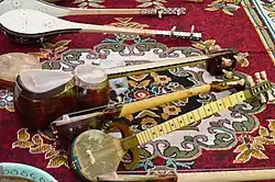 Bottom Tajik rubab (or rawap), middle tar, top dutar. The sound chamber on the rawap does not extend beyond the round bowl.
