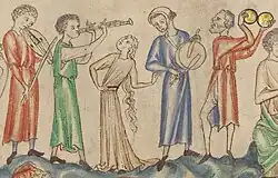 1255–1260 A.D., England. Celebrations with musicians in work titled "The Unburied Bodies of the Two Witnesses and the Rejoicing People", Ms. Ludwig III 1 (83.MC.72), fol. 17v. From left: vielle, triple pipes, tabor or drum, cymbals.
