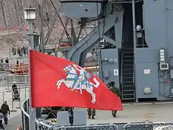 Jotvingis (N42) of the Lithuanian Naval Force flying the state flag at jackstaff