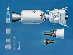 Drawings of Mercury, Gemini capsules and Apollo spacecraft, with their launch vehicles
