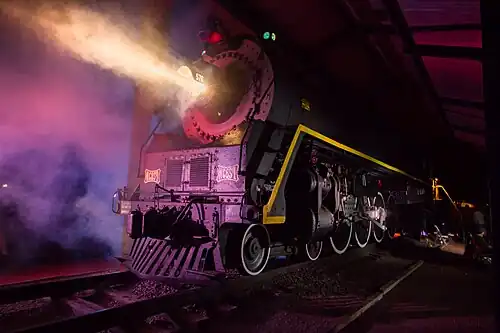 October 14, 2016: No. 576 on display with light and smoke effects during an event mounted by the Nashville Steam Preservation Society to fund its restoration.