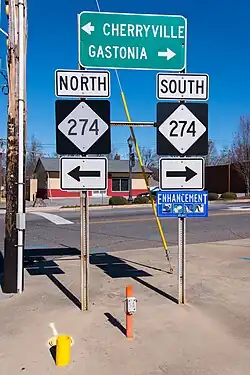Directional signs of NC 274, at the end of NC 161, in Bessemer City
