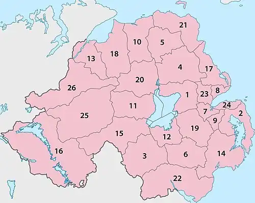26 Northern Ireland local government districts, 1971–2015.