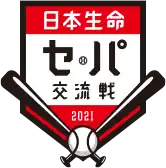 A logo in the shape of a pentagon with Japanese text in front of two crossed baseball bats