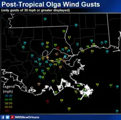 Map showing the location and strength of peak wind gusts in the lower Mississippi valley 39 mph (63 km/h)