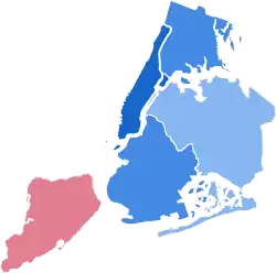 A map showing the results by borough for the 1968 US presidential election in New York City.