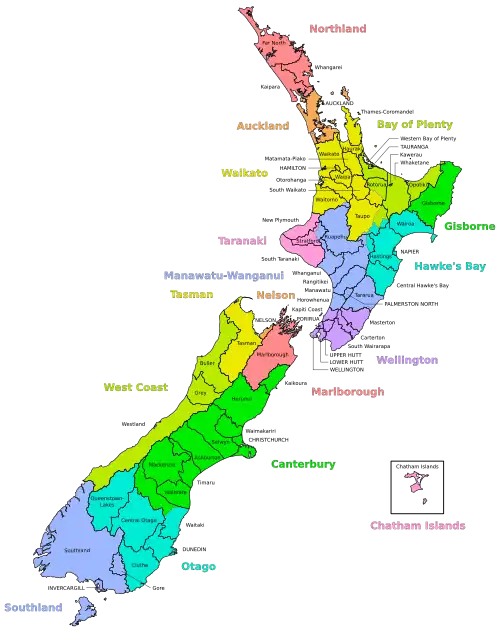 A map of New Zealand showing regional and district boundaries