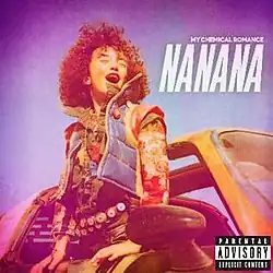 Cover image for "Na Na Na": A girl is sticking her upper body out of a car window, looking to her left with her eyes closed and with her mouth open in a smile. The band's name, "My Chemical Romance", and the song's title are printed on the right side