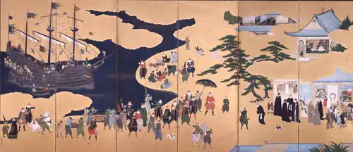 Nanban trade by Kanō Naizen, 1600. The screen shows Portuguese merchants docking in Japan.