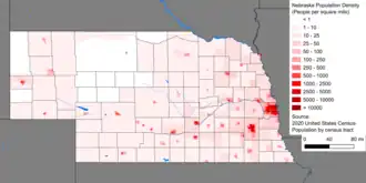 Map of state: mostly one to twenty-five people per square mile, with density increasing as one moves eastward