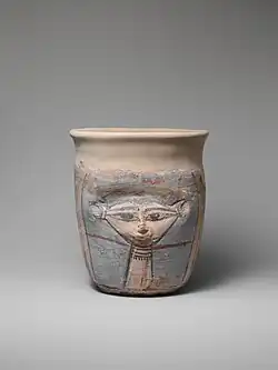 Hathor-shaped jar; 1390–1353&nbsp;BC; painted pottery; height: 24.5&nbsp;cm; Metropolitan Museum of Art