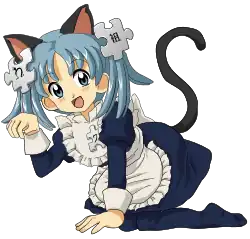 Illustration of Wikipe-tan as a catgirl. She is a young girl with blue hair, cat ears and a tail, wearing a maid dress, and is laying down on all fours with one hand forward posing as a cat.