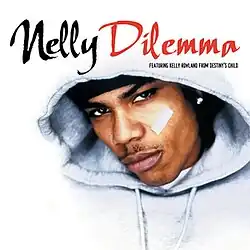 Nelly is seen wearing tape under his left eye, and a white hood that blends in with the white background. The song title and artist are displayed above him.