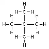 Skeletal formula of neopentane with all implicit carbons shown, and all explicit hydrogens added