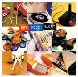 9 photos of different toys and things, including skates, a vinyl record playing, a remote controller, condoms, money, brownies with nuts, an astronaut, a telephone, and a photo album. In the middle we see three cards that read the words "NEW", "FOUND" and "GLORY".