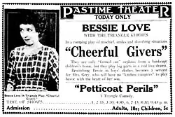 Black and white newspaper advertisement featuring Bessie Love in period dress