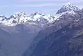 Northeast aspect of Ngatimamoe Peak (upper right) from Routeburn Track. Consolation Peak (1851 m) to left.