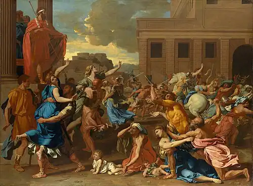 The Rape of the Sabine Women; by Nicolas Poussin; 1634–1635; oil on canvas; 1.55 × 2.1 m; Metropolitan Museum of Art (New York City)[166]