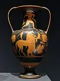 The centaur Chiron holding the child Achilles and a hare at the end of a stick, side B of a c. 525–515 BC red-figure Nikosthenic neck-amphora