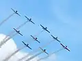 Nine Yakovlev Yak-52s approaching in formation flight (2021)