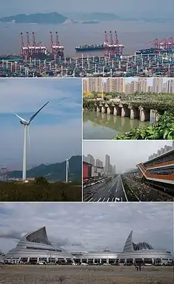 Clockwise from the top: Port of Ningbo, Yanshan Dyke, Zhonghe Road Station, China Port Museum, Chuanshan Wind Power Plant