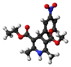 Ball-and-stick model of the nitrendipine molecule