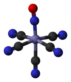 The nitroprusside anion, 2−, an octahedral complex containing a "linear NO" ligand.