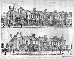 Drawings of two rows of houses with sharply angled roofs, and much larger houses at the ends of the rows