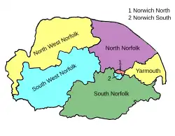 Map of parliamentary constituencies in Norfolk 1974–1983