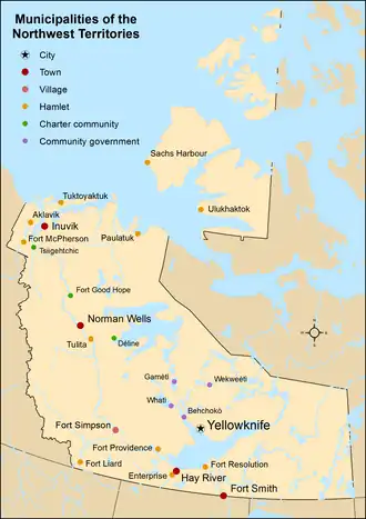 Map showing locations of all municipalities of the Northwest Territories