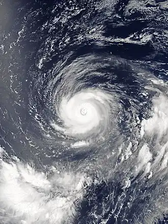Space view of a symmetric tropical cyclone over open waters