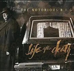 The Notorious B.I.G. (wearing a long black coat and a black bowler hat) is seen standing next to a funeral motorcade. The album's title "Life after death" is painted on the motorcade's trunk. Its license plate bears the name "B.I.G." on it.
