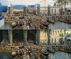 Comparison between the physical set for Númenor and a final image of the location with completed visual effects