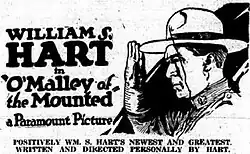 Newspaper ad for the American western film O'Malley of the Mounted (1921) with William S. Hart, on page 4 of the April 15, 1921 The St. Louis Argus.
