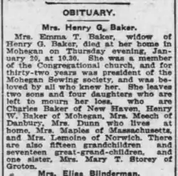 Obituary of Emma Tyler Fielding Baker (Mrs. Henry G. Baker) from the "Norwich Bulletin," January 24, 1916.