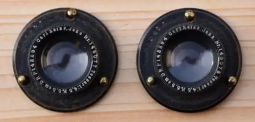 2 historical lenses Carl Zeiss, Jena, Nr. 145077 and Nr. 145078, Tessar 1:4,5 F=5,5cm DRP 142294 (produced before 1910)